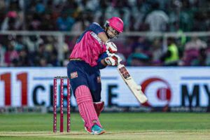 15-year-old Vaibhav Sooryavanshi hitting a massive six during the IPL 2026 match.