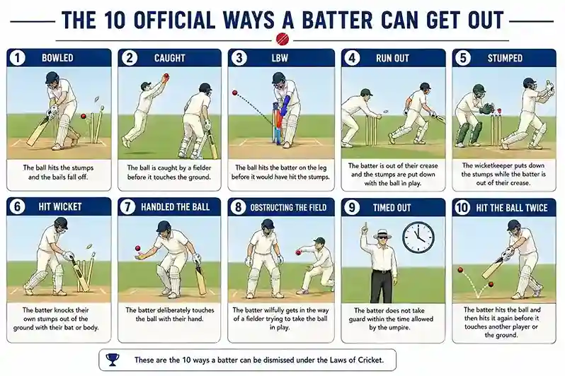 Infographic of the 10 official ways a batter can be dismissed in cricket.