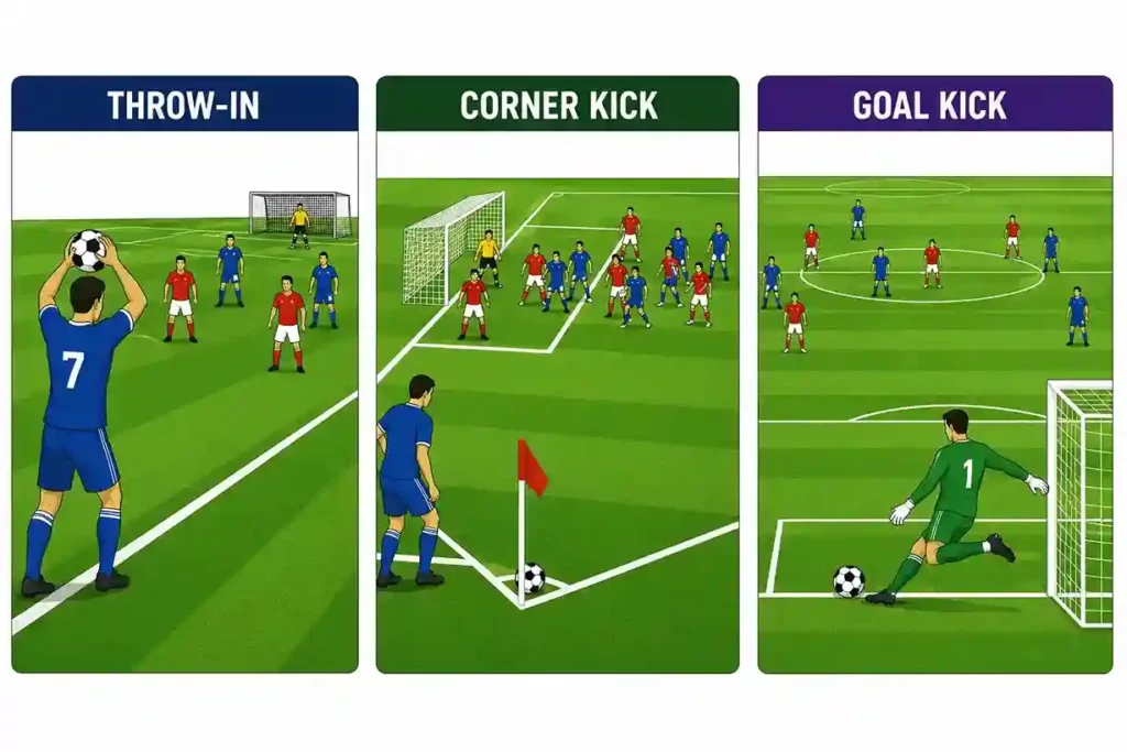 Football throw-in, corner kick, and goal kick
