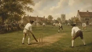 Vintage painting of an 18th-century cricket match on a village green featuring a traditional two-stump wicket, curved bat, and players in historical clothing.