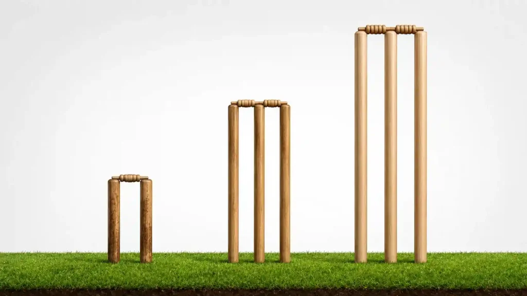 the evolution of cricket stumps from the original two-stump wicket in 1744 to the standard 28-inch three-stump modern wicket.