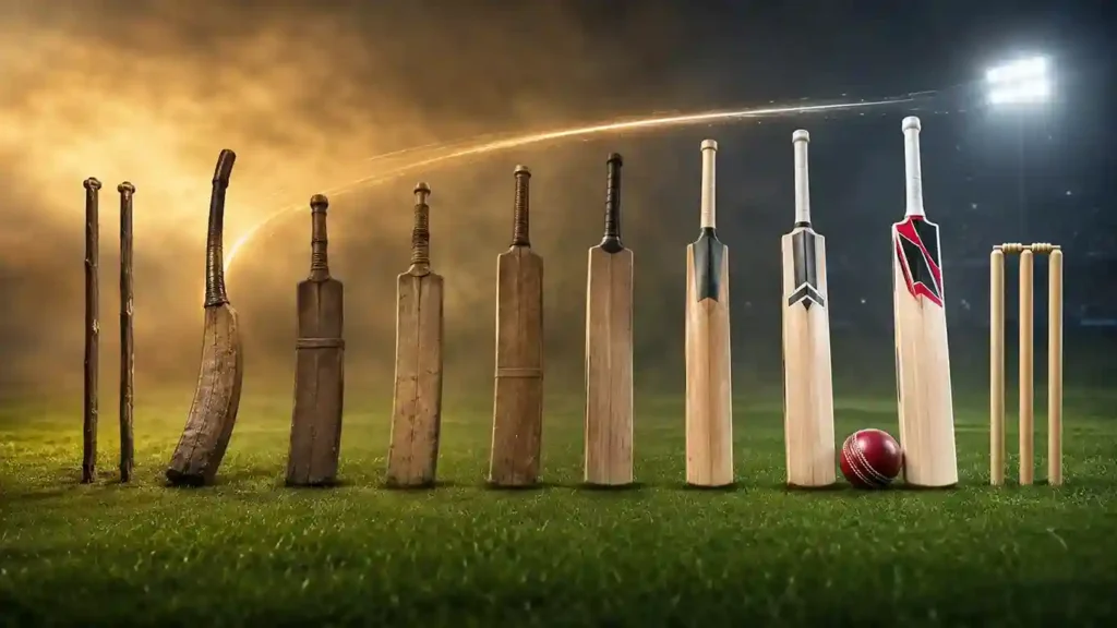the evolution of cricket bats and stumps from 18th-century curved bats to modern cricket equipment on a grass field.