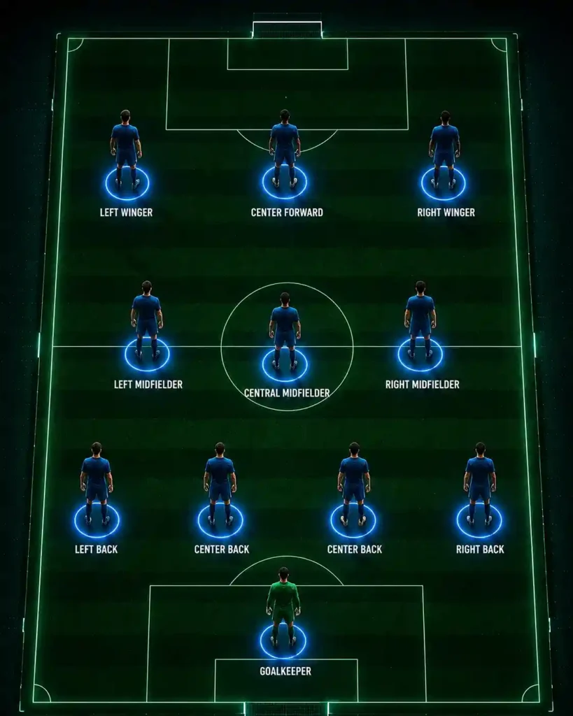 Tactical board showing a 4-3-3 football formation using player markers