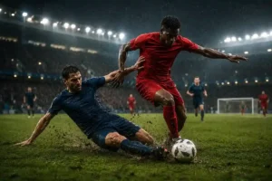 Football defender making a sliding tackle on a wet pitch