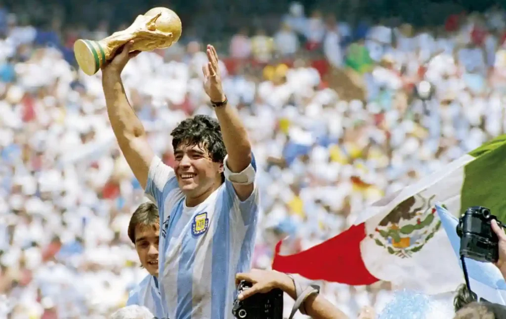 Diego Maradona dribbling past England players during his legendary 1986 World Cup performance.