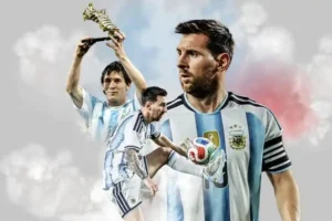 Lionel Messi kissing the 2022 World Cup trophy, cementing his status as the best football player ever.