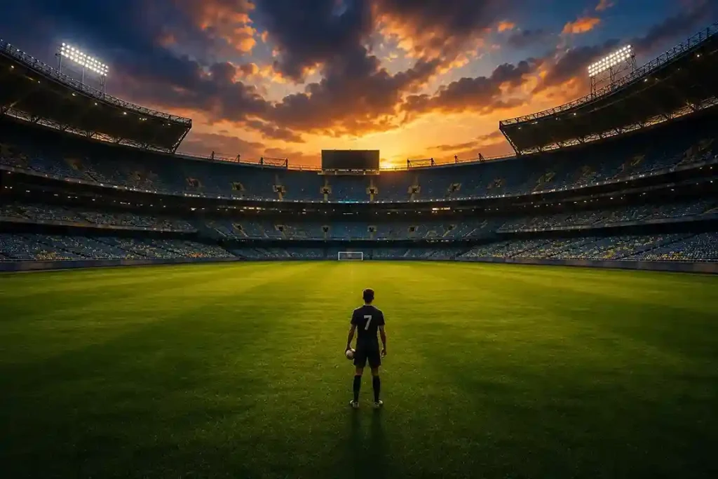 A lone young football player standing on a vast empty pitch looking toward a massive stadium.