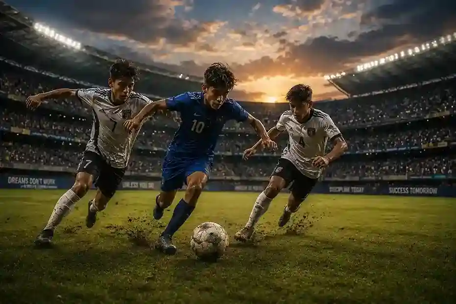 Teenage football players aggressively competing for the ball during an academy match.