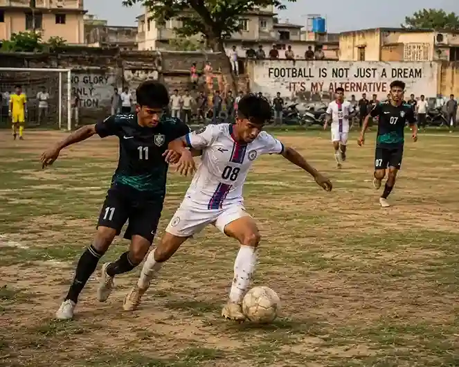 Determined players competing in a gritty, lower-division non-league football match.