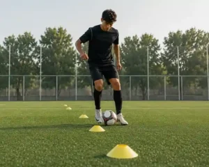 Beginner football player practicing ball control drills during training