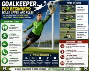 Infographic showing beginner soccer goalkeeper skills, different types of saves, essential goalkeeping rules, and training tips for new goalkeepers.