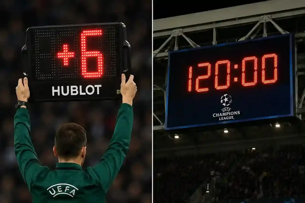 Split image showing a referee holding a stoppage time LED board and a stadium clock at 120 minutes.