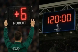 Split image showing a referee holding a stoppage time LED board and a stadium clock at 120 minutes.