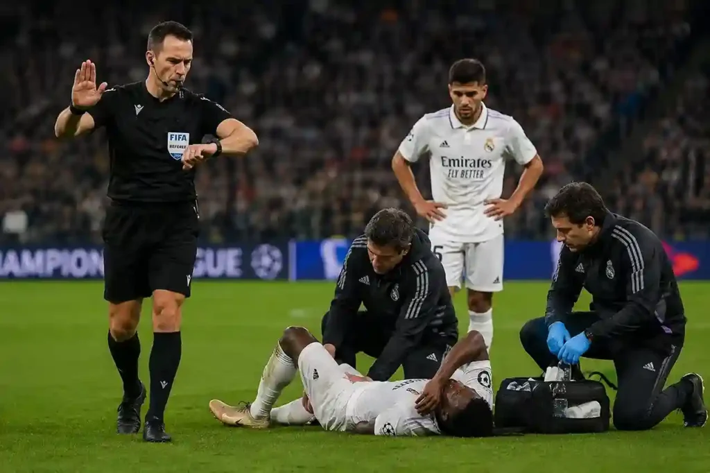 Football referee pointing at his wristwatch to indicate stoppage time being added.
