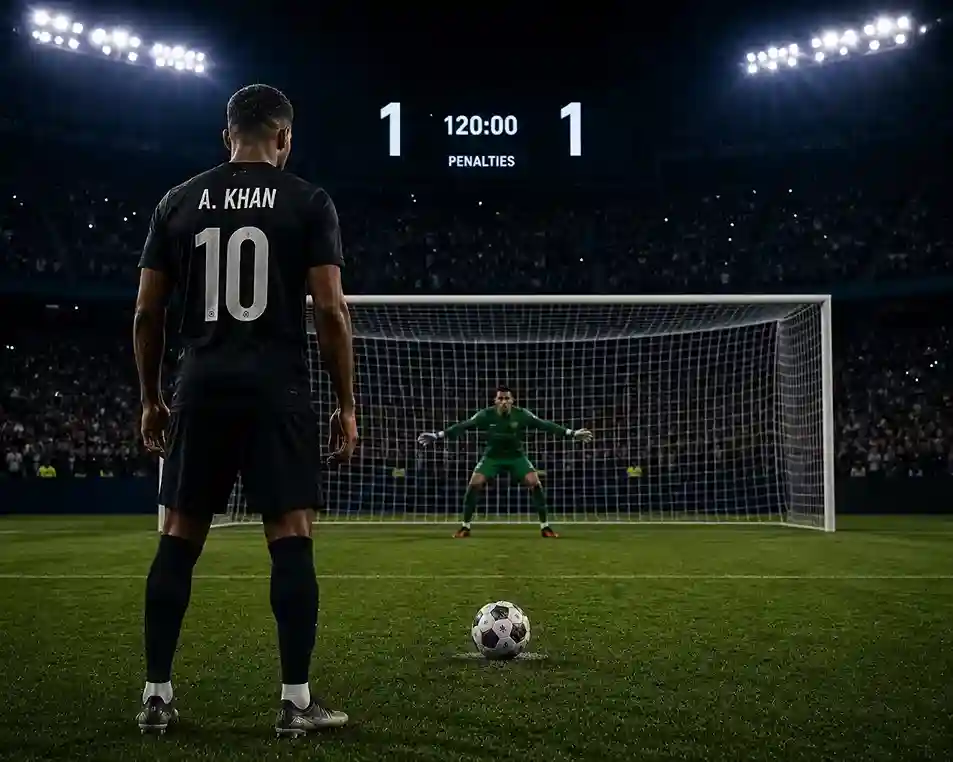 View from behind a football player aiming at the goal during a penalty shootout under stadium floodlights.