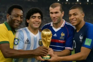 FIFA World Cup winners through history: Pelé's Brazil dynasty, Maradona's 1986 masterpiece, Zidane's 1998 home triumph, and Mbappé's 2018 France victory centered around the golden World Cup trophy.